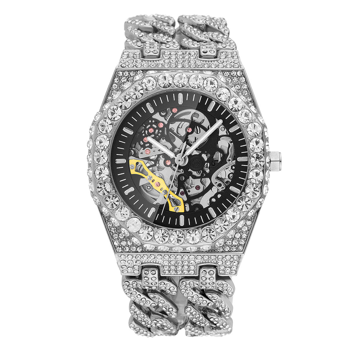 Full Diamond Hip Hop Cuban Link Chain Stitching Hollow Automatic Mechanical Watch - Nkayo Fashion