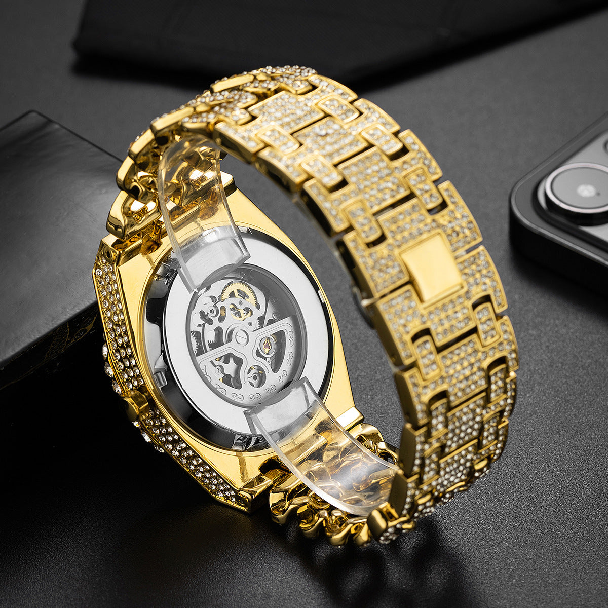 Full Diamond Hip Hop Cuban Link Chain Stitching Hollow Automatic Mechanical Watch - Nkayo Fashion