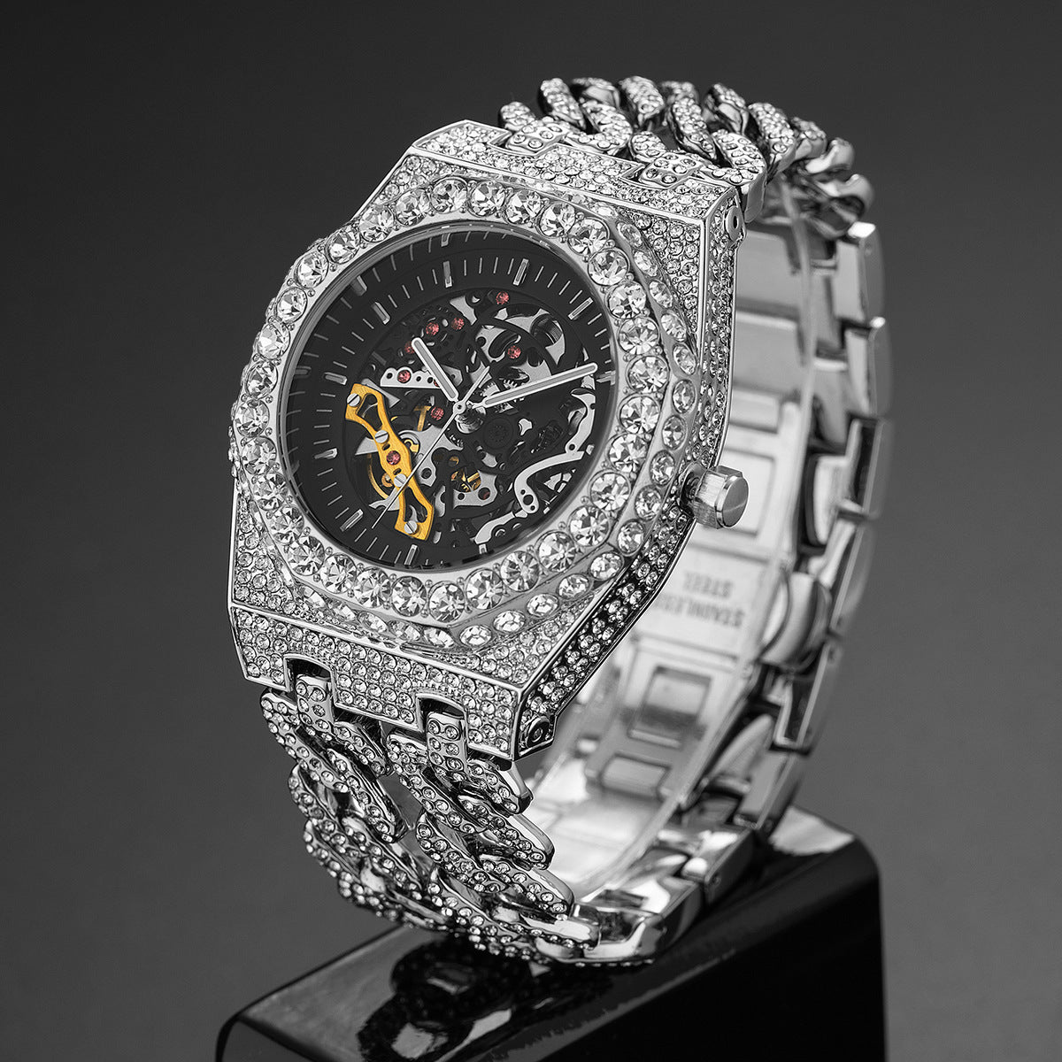 Full Diamond Hip Hop Cuban Link Chain Stitching Hollow Automatic Mechanical Watch - Nkayo Fashion