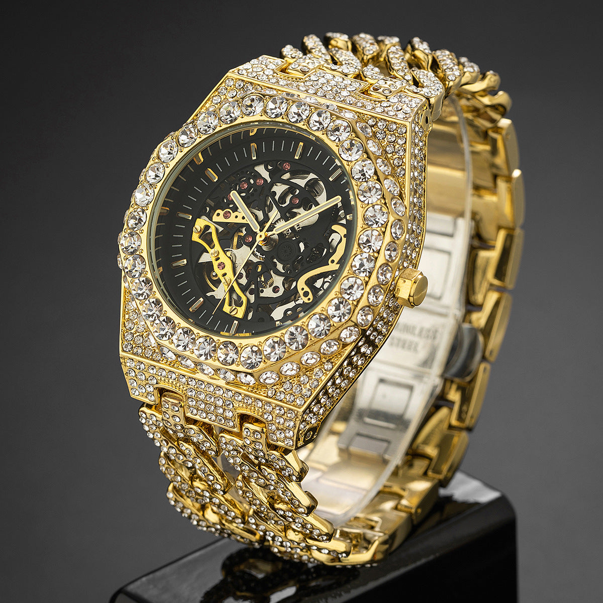 Full Diamond Hip Hop Cuban Link Chain Stitching Hollow Automatic Mechanical Watch - Nkayo Fashion