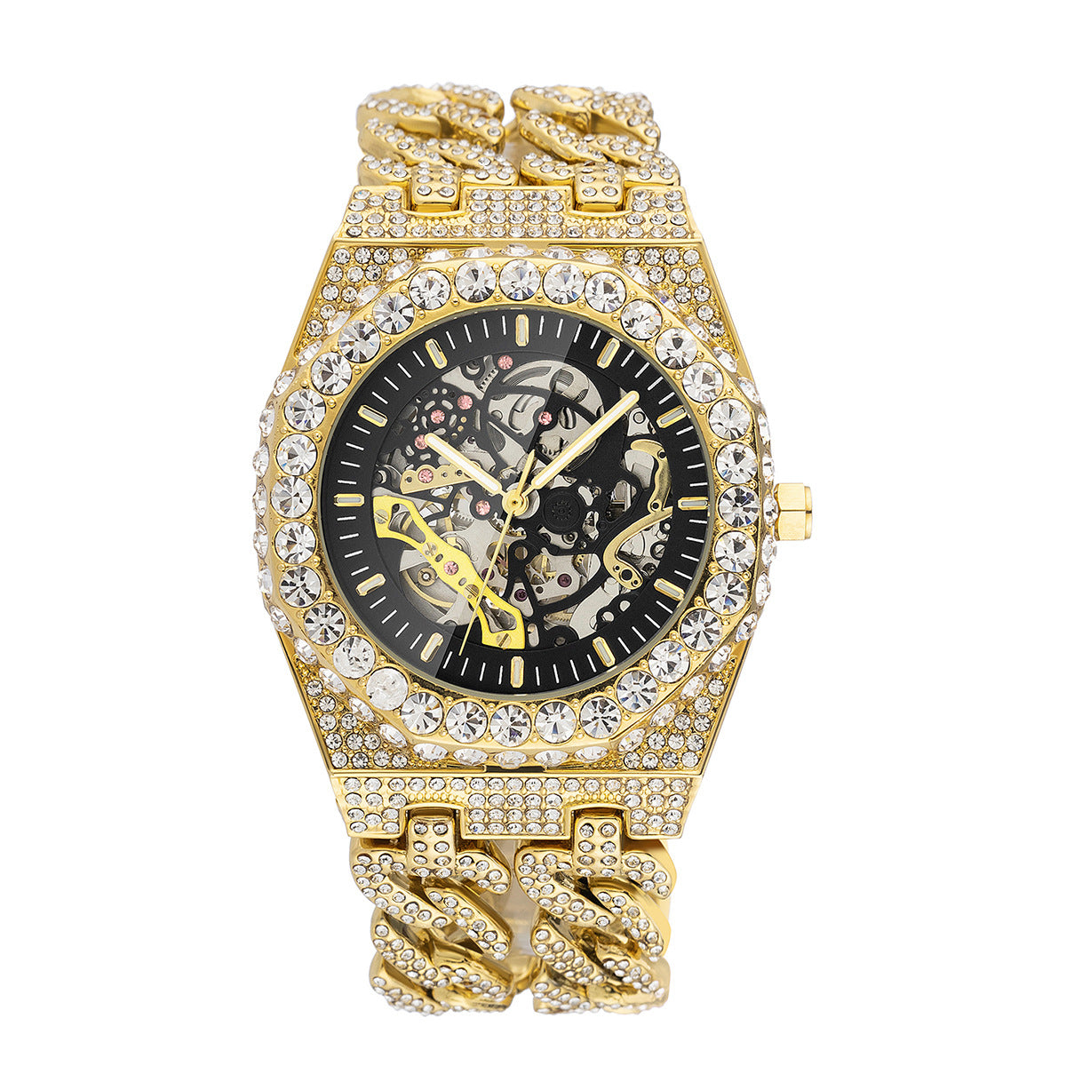 Full Diamond Hip Hop Cuban Link Chain Stitching Hollow Automatic Mechanical Watch - Nkayo Fashion