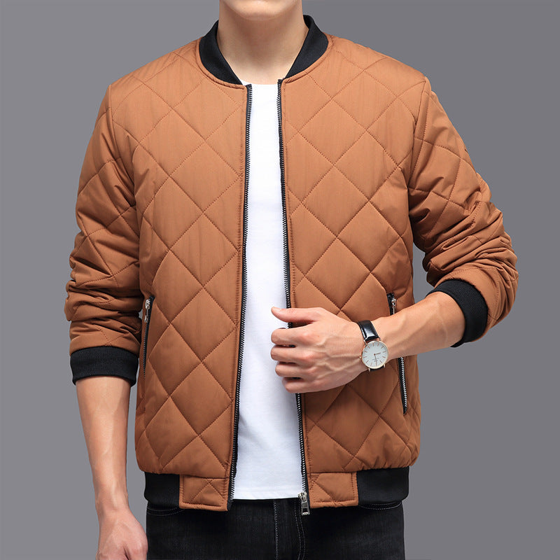 Fashion Rhombic-sewing Design Cotton Coat Winter Warm Thickened Baseball Jacket Casual Solid Color Outwear Clothing For Men - My Store